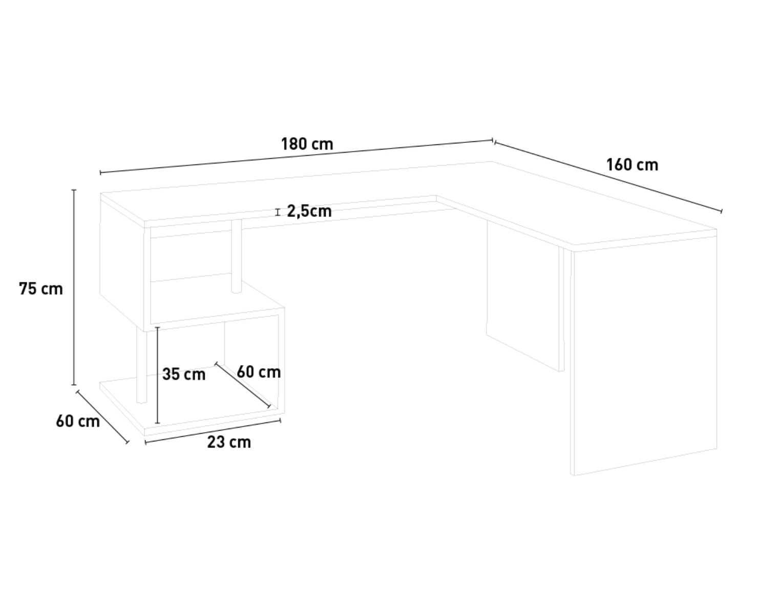 Scrivania moderna ad angolo con gamba "S", finitura bianca lucida