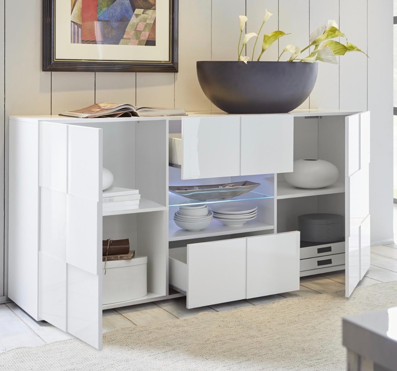 Credenza Grigio Lucido a 2 ante e 2 cassetti