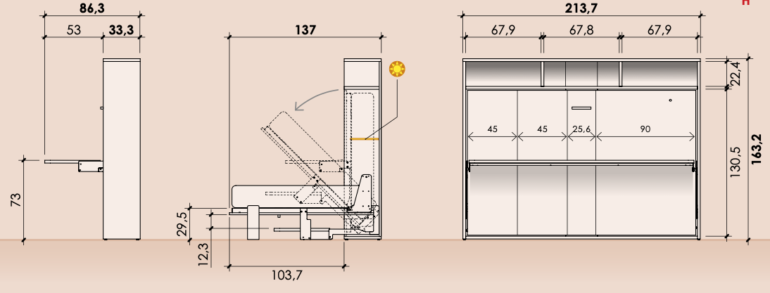 Letto a scomparsa con scrivania, finitura Domy, Natural wood