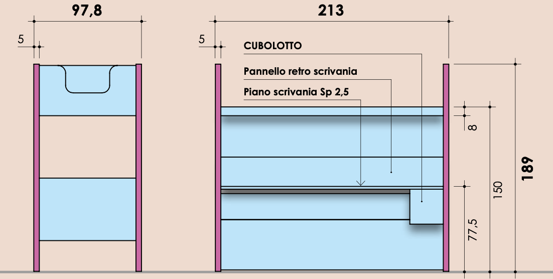 Letto soppalco con scrivania, finitura Natural wood e Agave