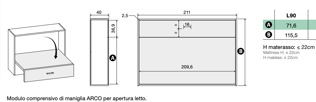 Cameretta Penelope con letto a scomparsa e armadio 2 ante, finitura Bianco Altea Corallo e Petrolio