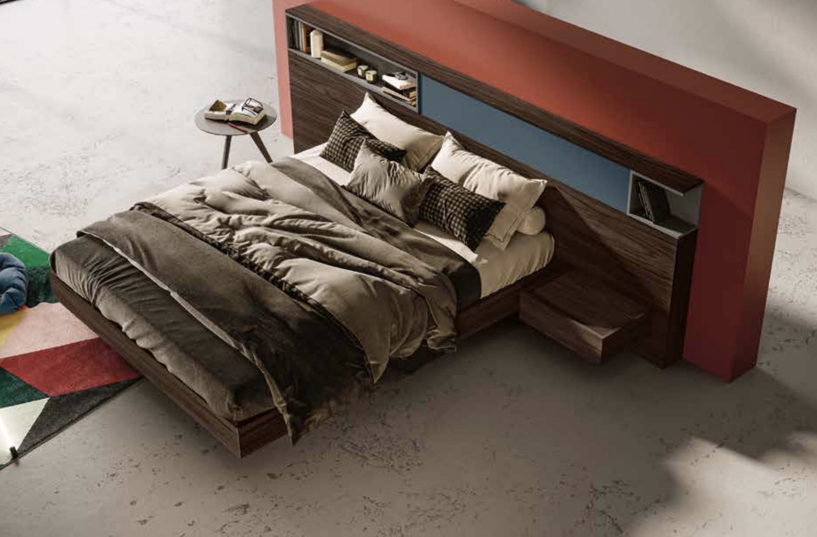 Letto matrimoniale contenitore King size, 180x200, blu petrolio e noce moro