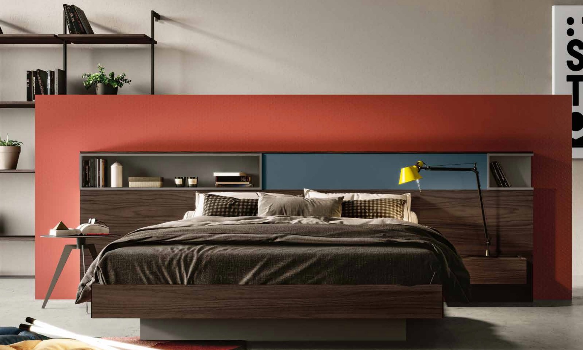 Letto matrimoniale contenitore King size, 180x200, blu petrolio e noce moro