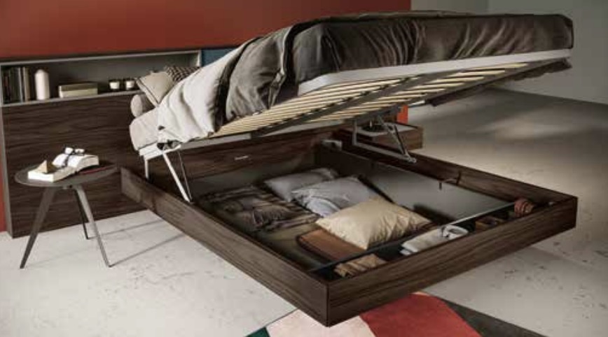 Letto matrimoniale contenitore King size, 180x200, blu petrolio e noce moro