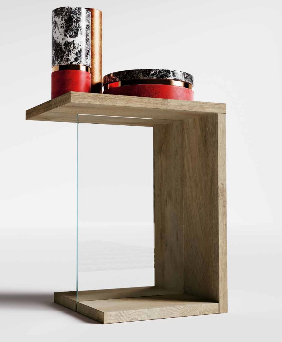 Tavolino salvaspazio, color quercia, verticale con vetro