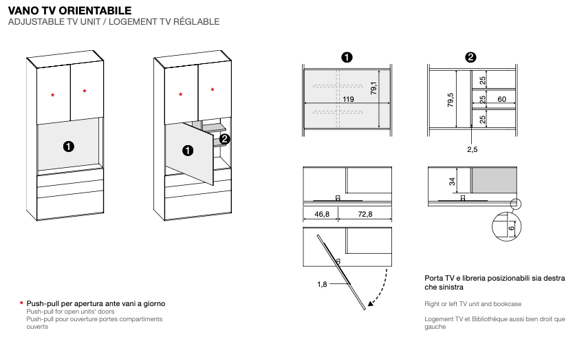 Armadio zona tv e scrivania, 7 ante in Noce moro e Spatolato Argilla