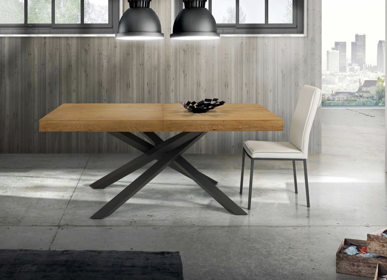 Tavolo di design allungabile con piano rovere nodato, gambe in metallo L.160