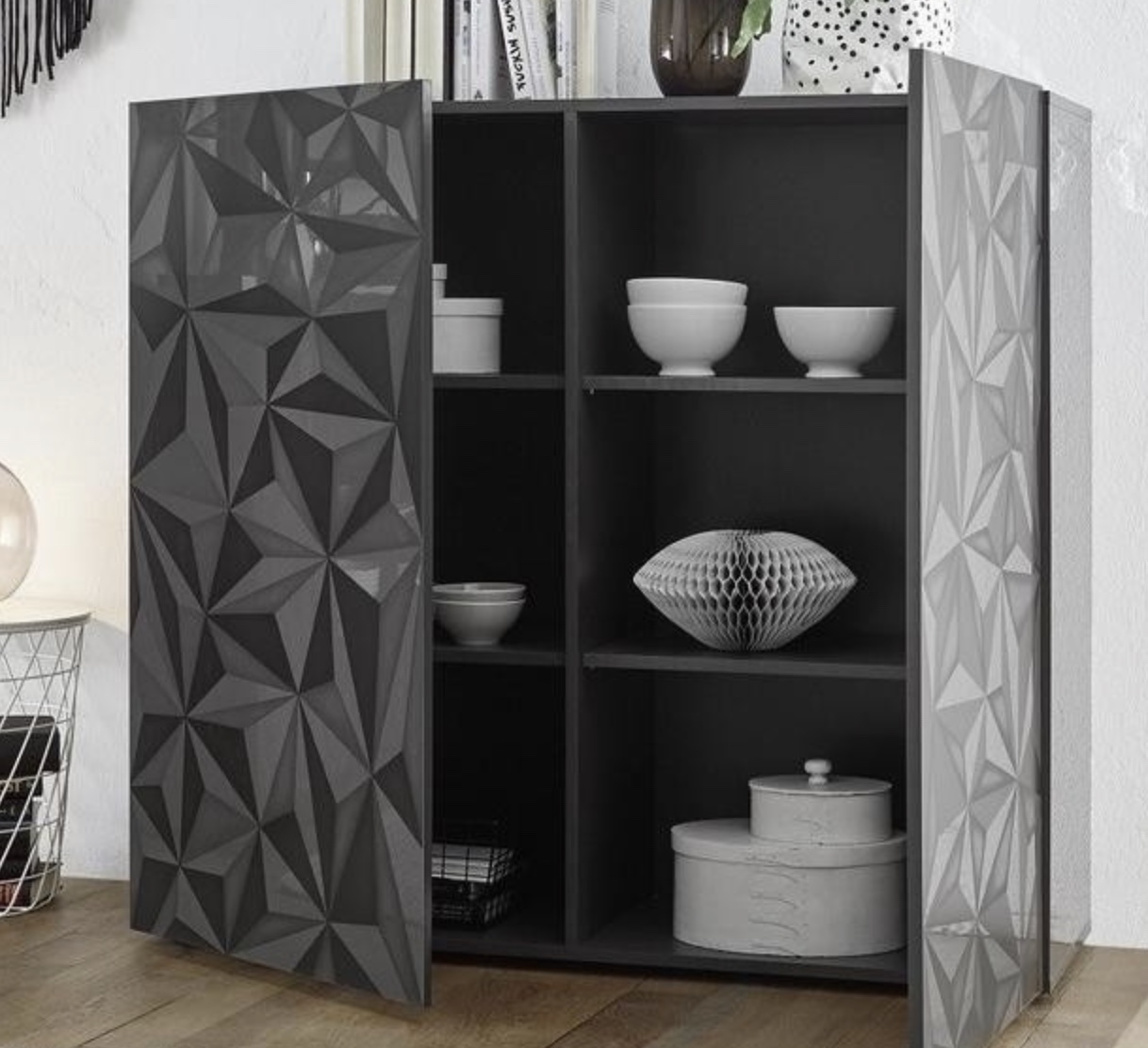 Madia contenitore 2 ante, bianco laccato lucido con serigrafia prismatica