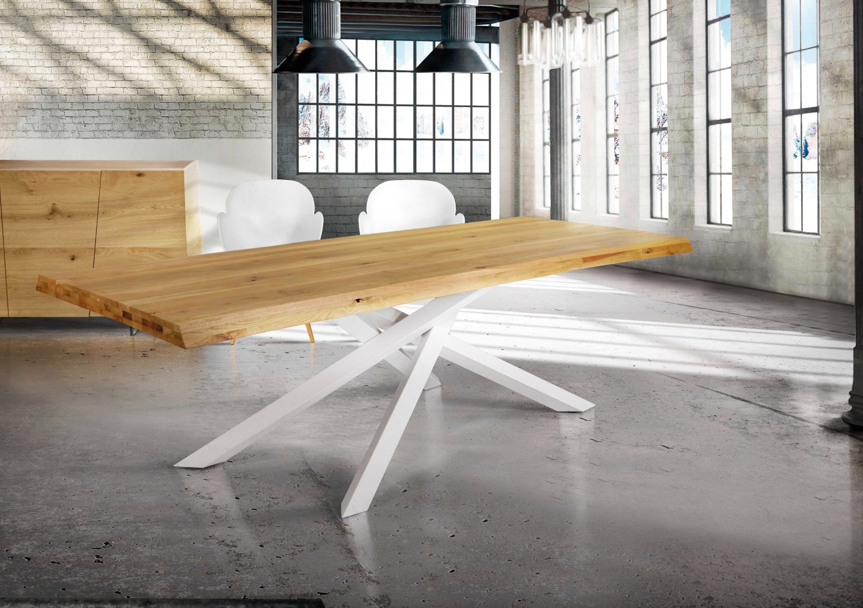 Tavolo massello, fisso con piano rovere nodato, gambe in metallo L.160