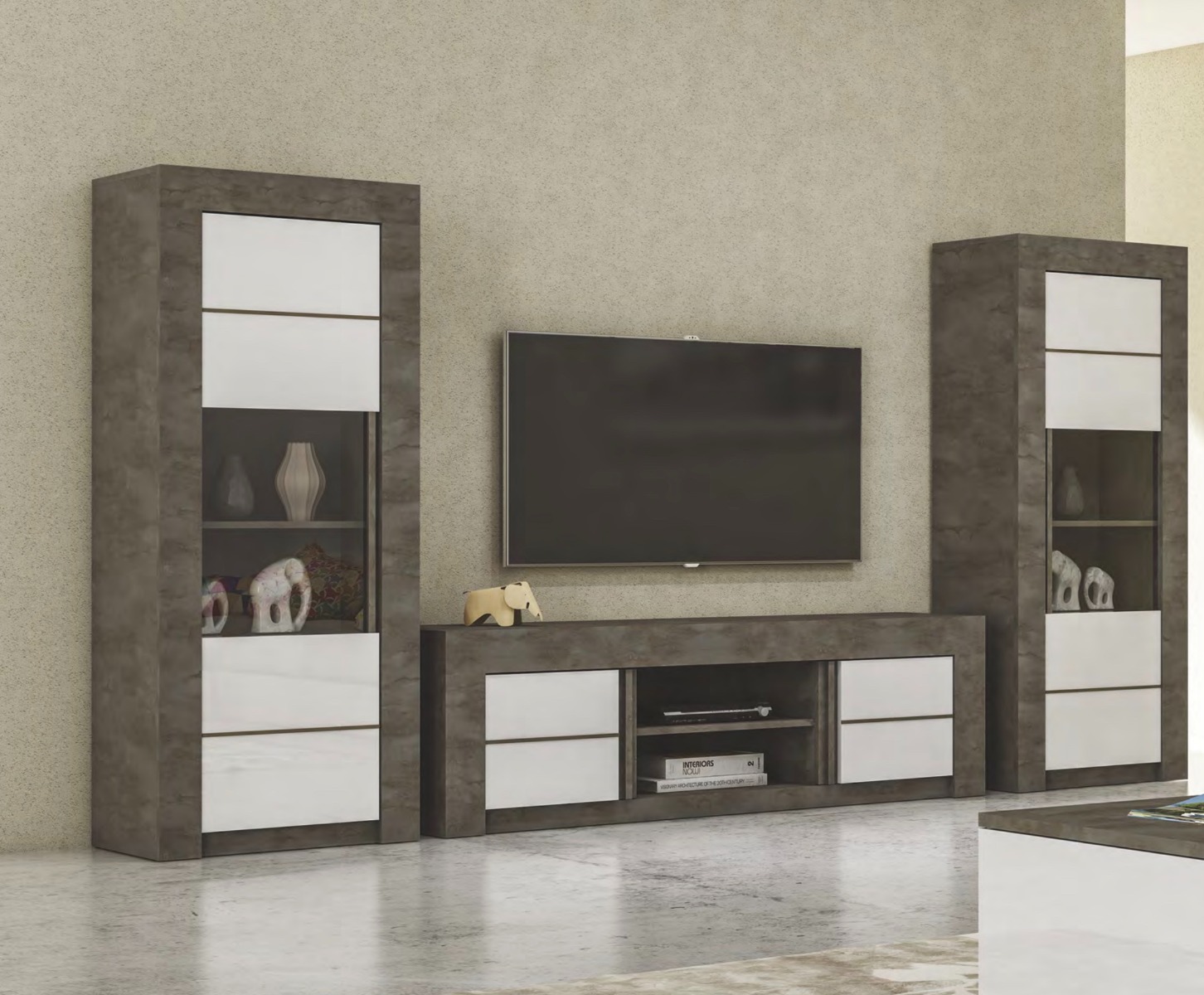 Porta TV 2 ante, color ossido con frontali in bianco lucido serigrafato