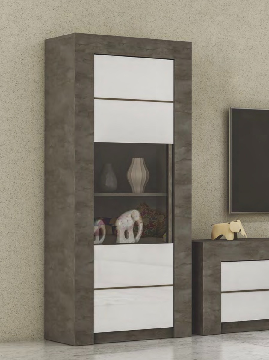 Vetrina colonna a 1 anta, color ossido con frontali in bianco lucido serigrafato