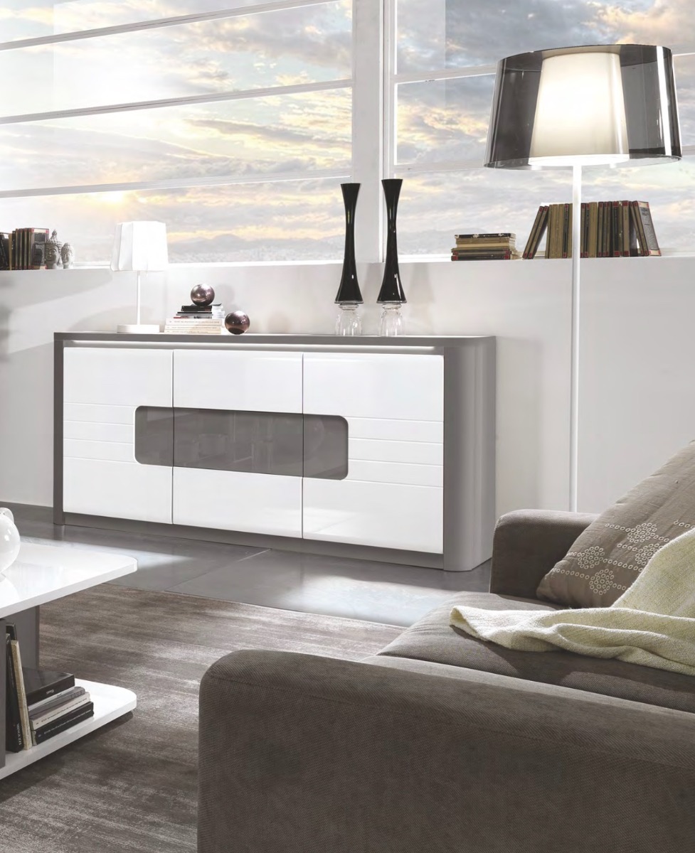 Madia 2 ante e 3 cassetti, bianco laccato e grigio, made in Italy