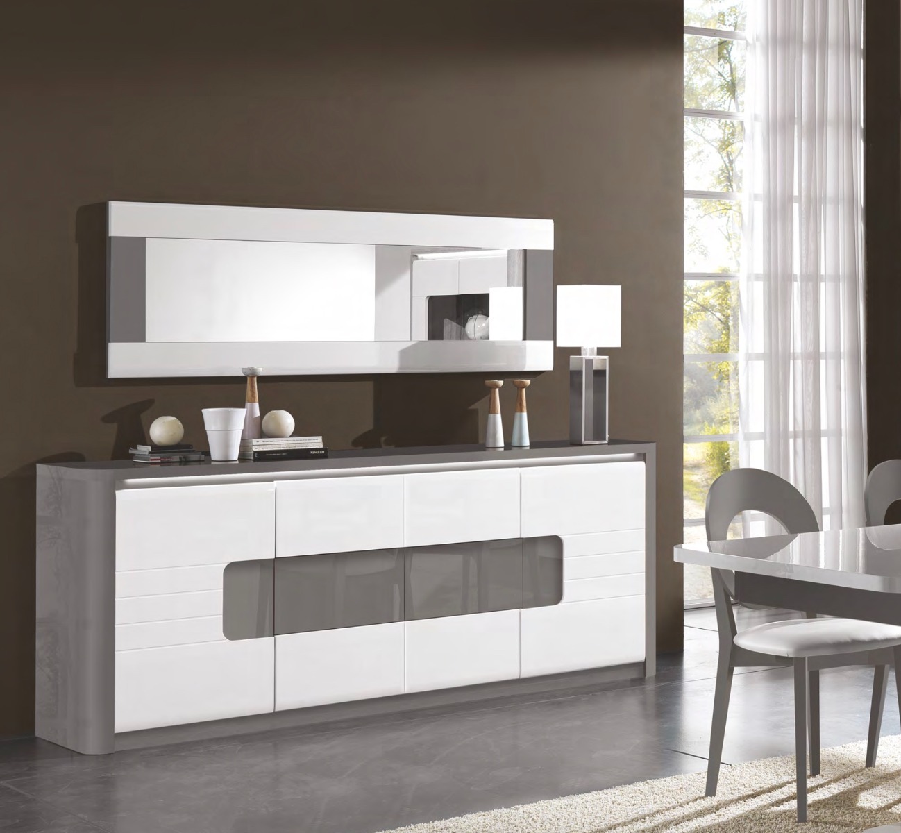 Madia 4 ante e 1 cassetto, bianco laccato e grigio, made in Italy