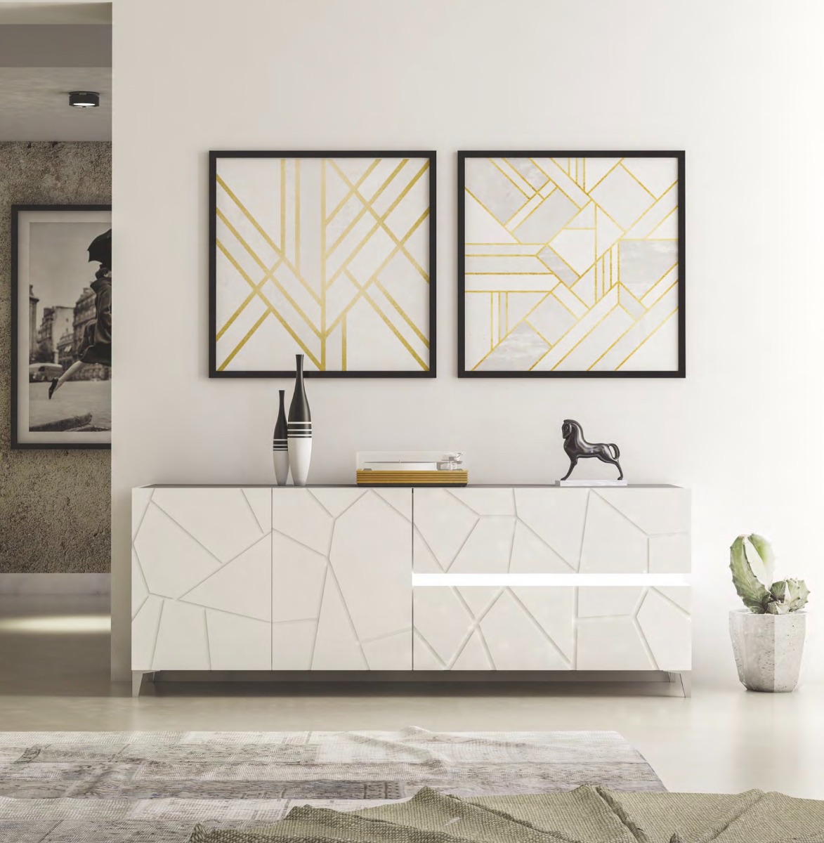 Madia 2 ante, 1 cassetto, 1 ribalta,  con dettagli geometrici