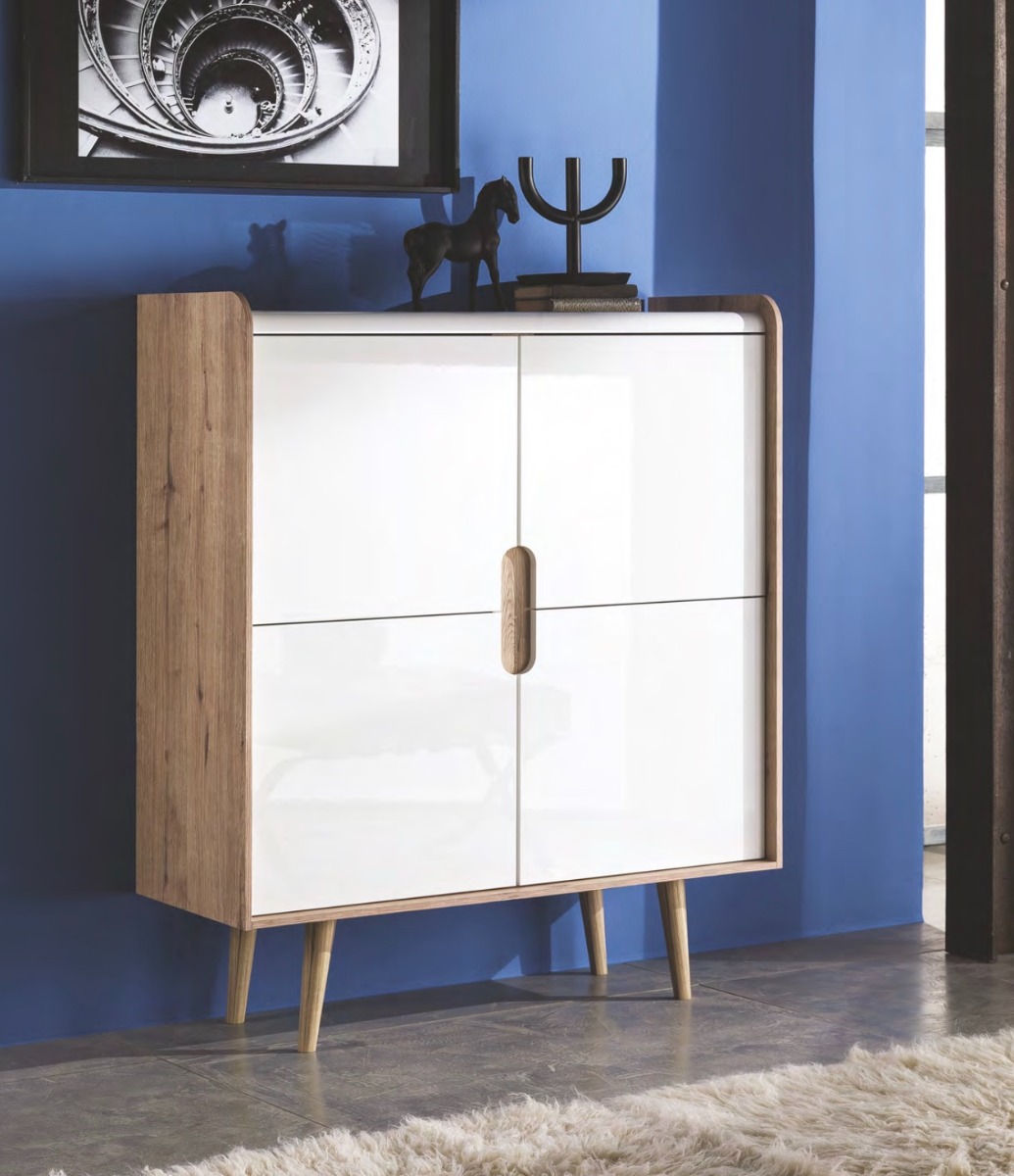 Madia alta con piedini, rovere wellington e bianco lucido