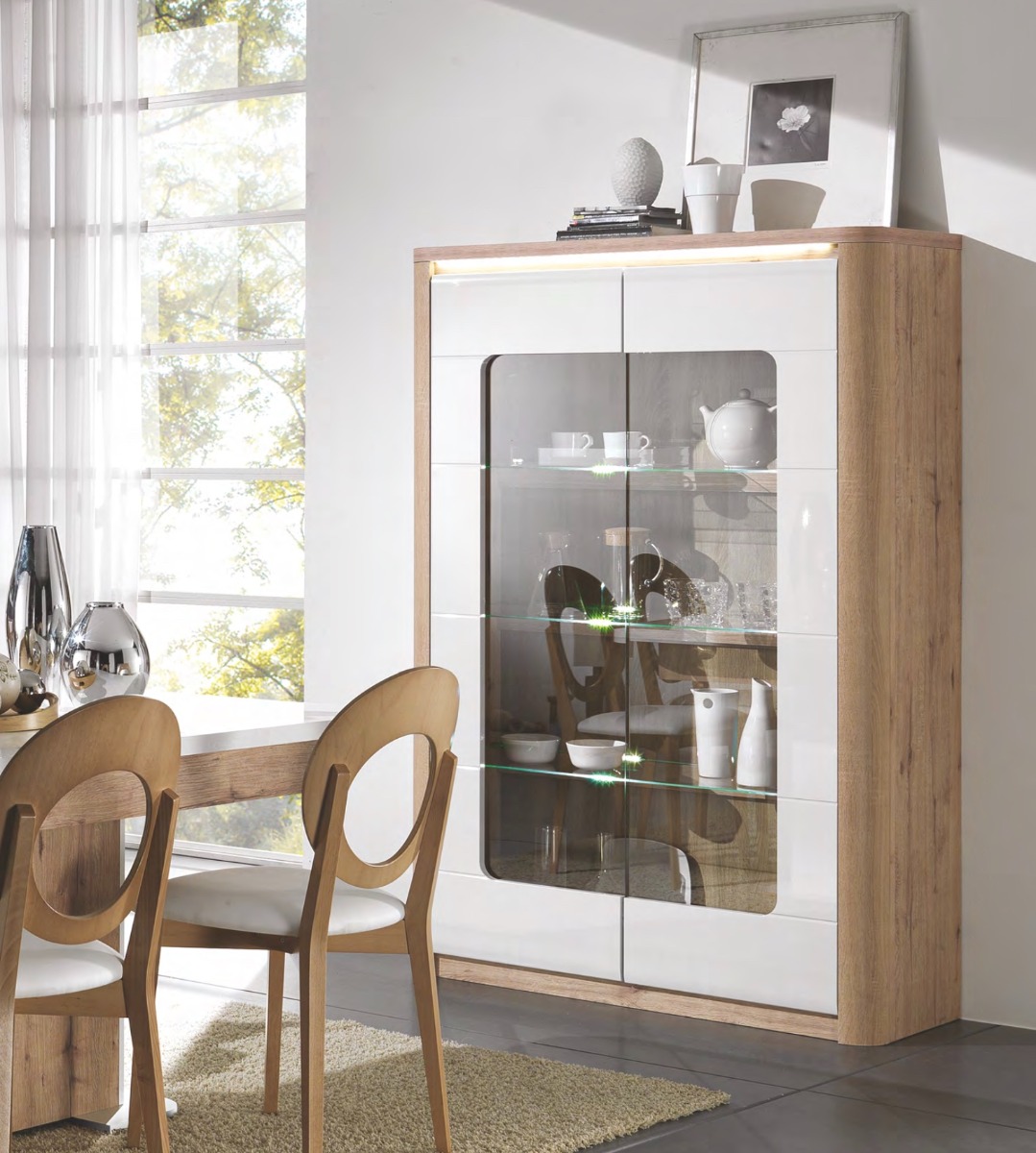 Vetrina 2 ante, rovere wellington e bianco lucido, made in Italy