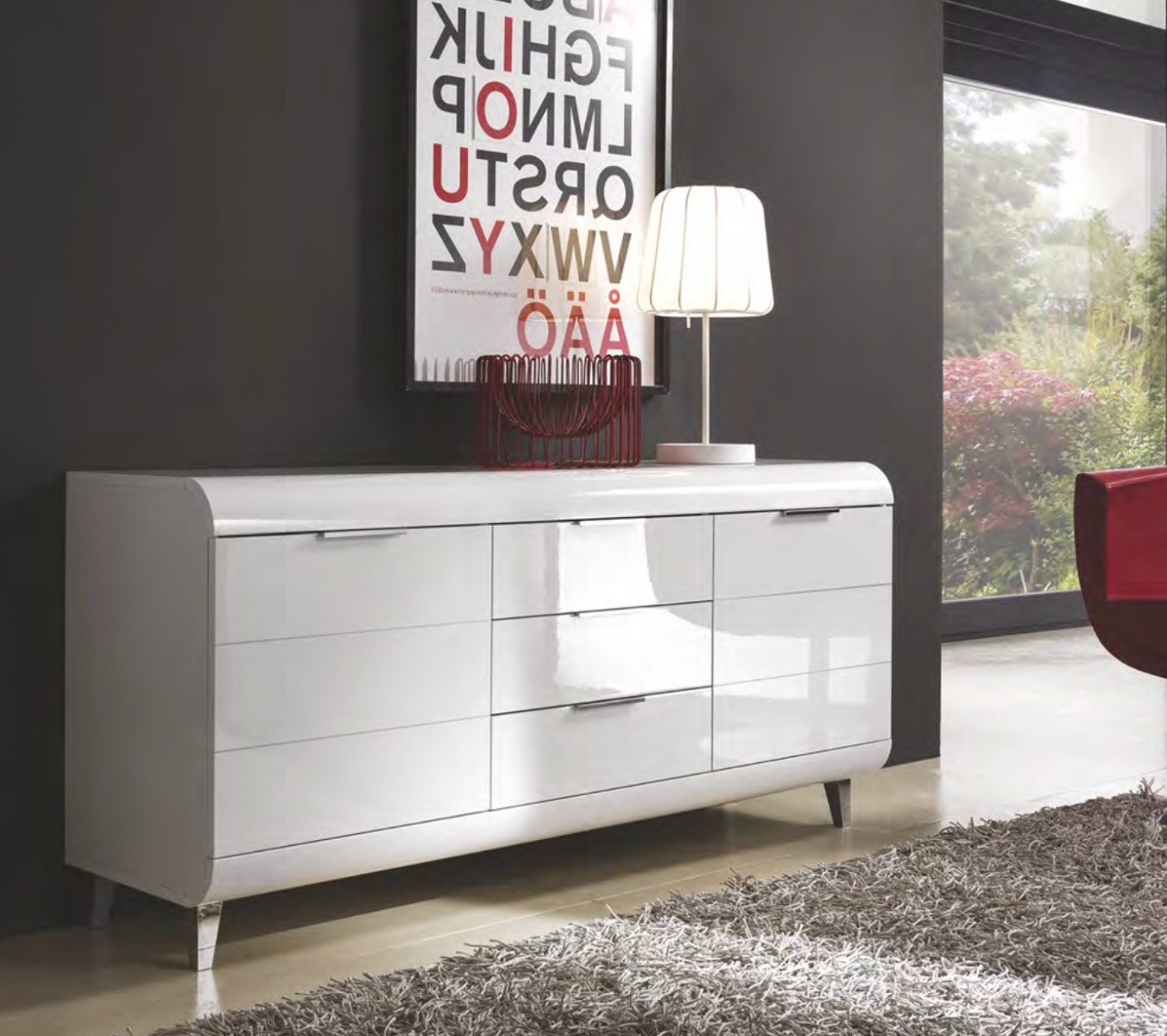 Madia 2 ante e 3 cassetti con piedini, Bianco lucido, made in Italy