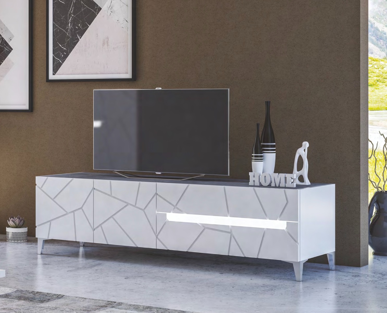 Porta TV a 2 ante, 1 cassetto e 1 ribalta, con dettagli geometrici