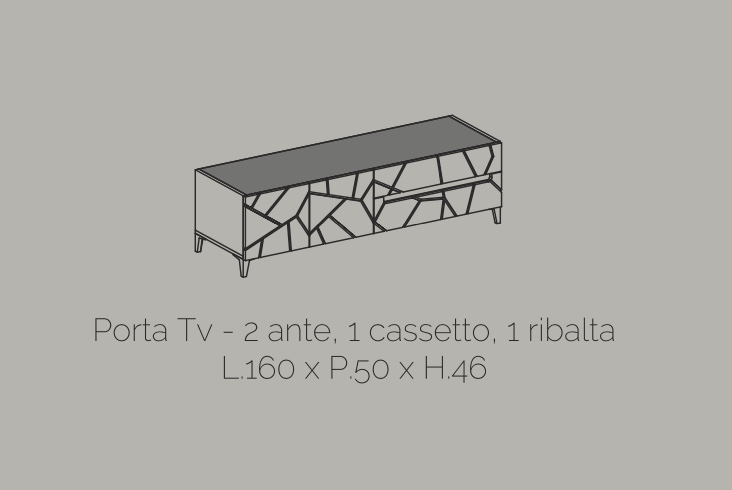 Porta TV a 2 ante, 1 cassetto e 1 ribalta, con dettagli geometrici