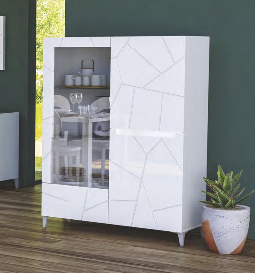 Vetrina 3 ante, 1 cassetto,  con dettagli geometrici