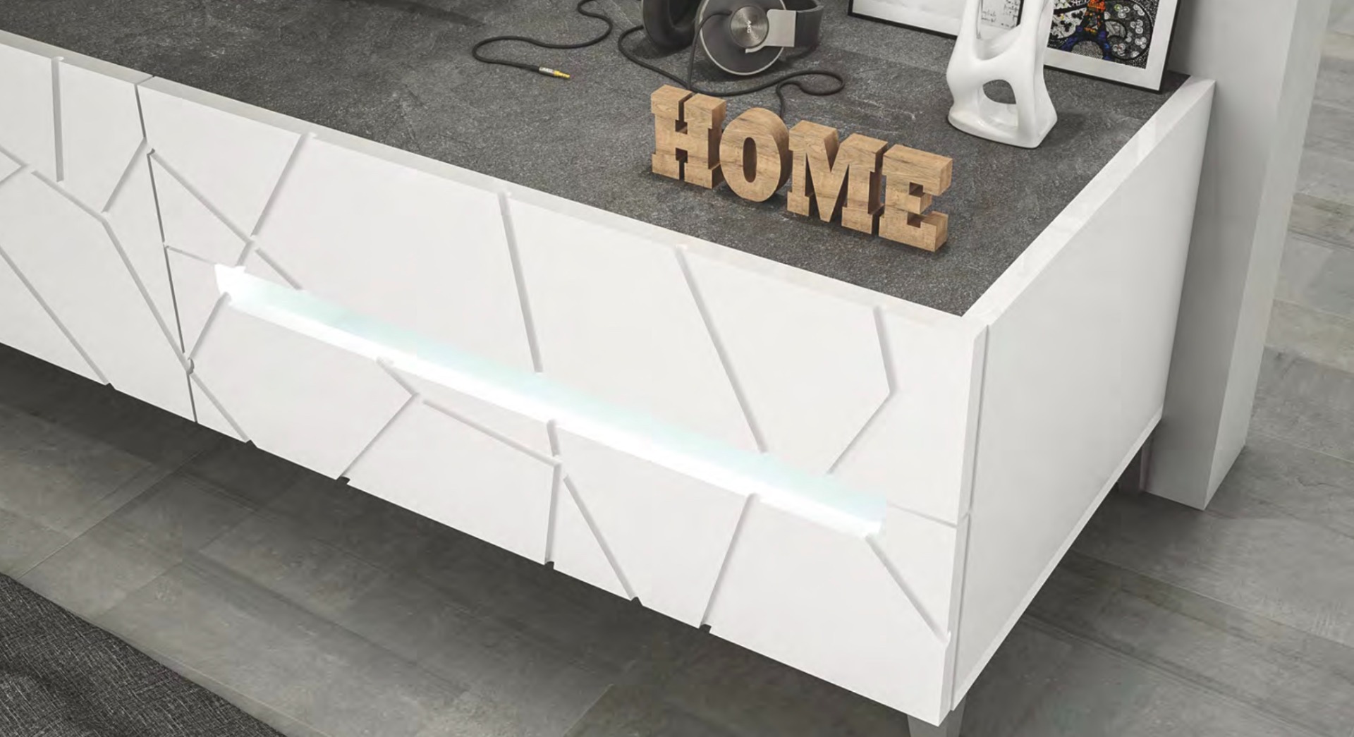 Porta TV a 2 ante, 1 cassetto e 1 ribalta, con dettagli geometrici