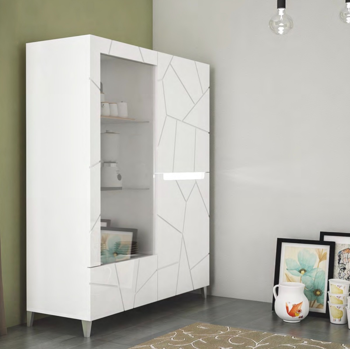 Vetrina 3 ante, 1 cassetto,  con dettagli geometrici