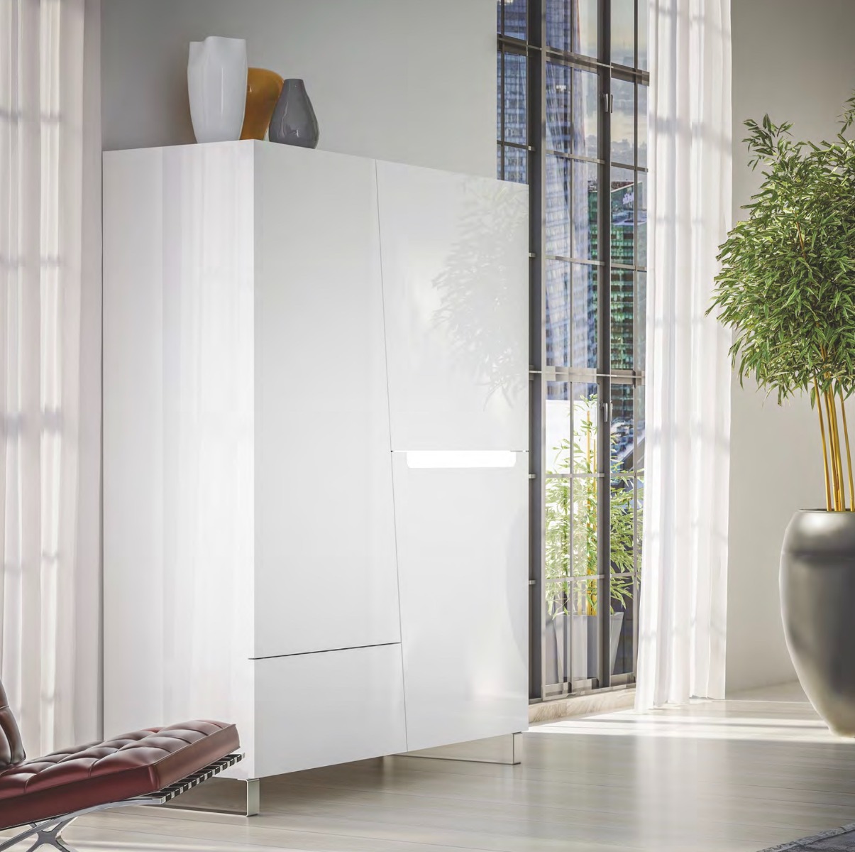 Madia alta 3 ante, 1 cassetto, bianco lucido, made in Italy