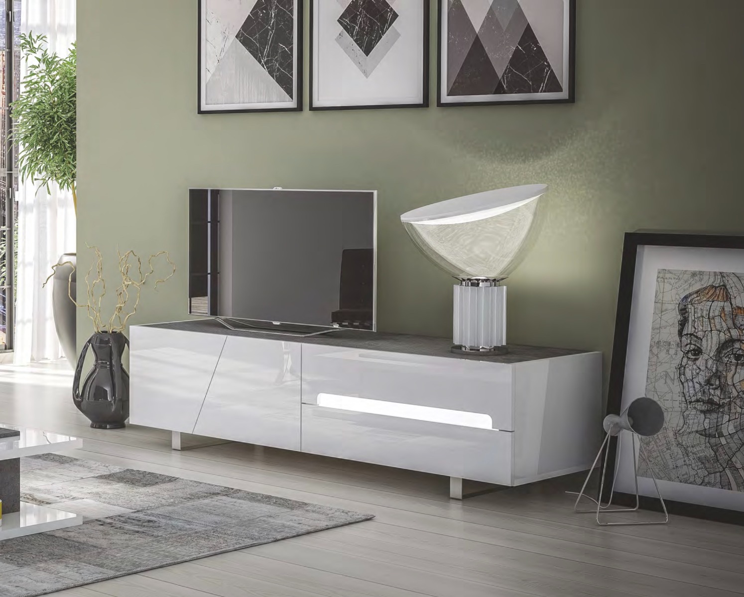 Porta TV 2 ante, 1 cassetto, 1 ribalta, bianco lucido, made in Italy