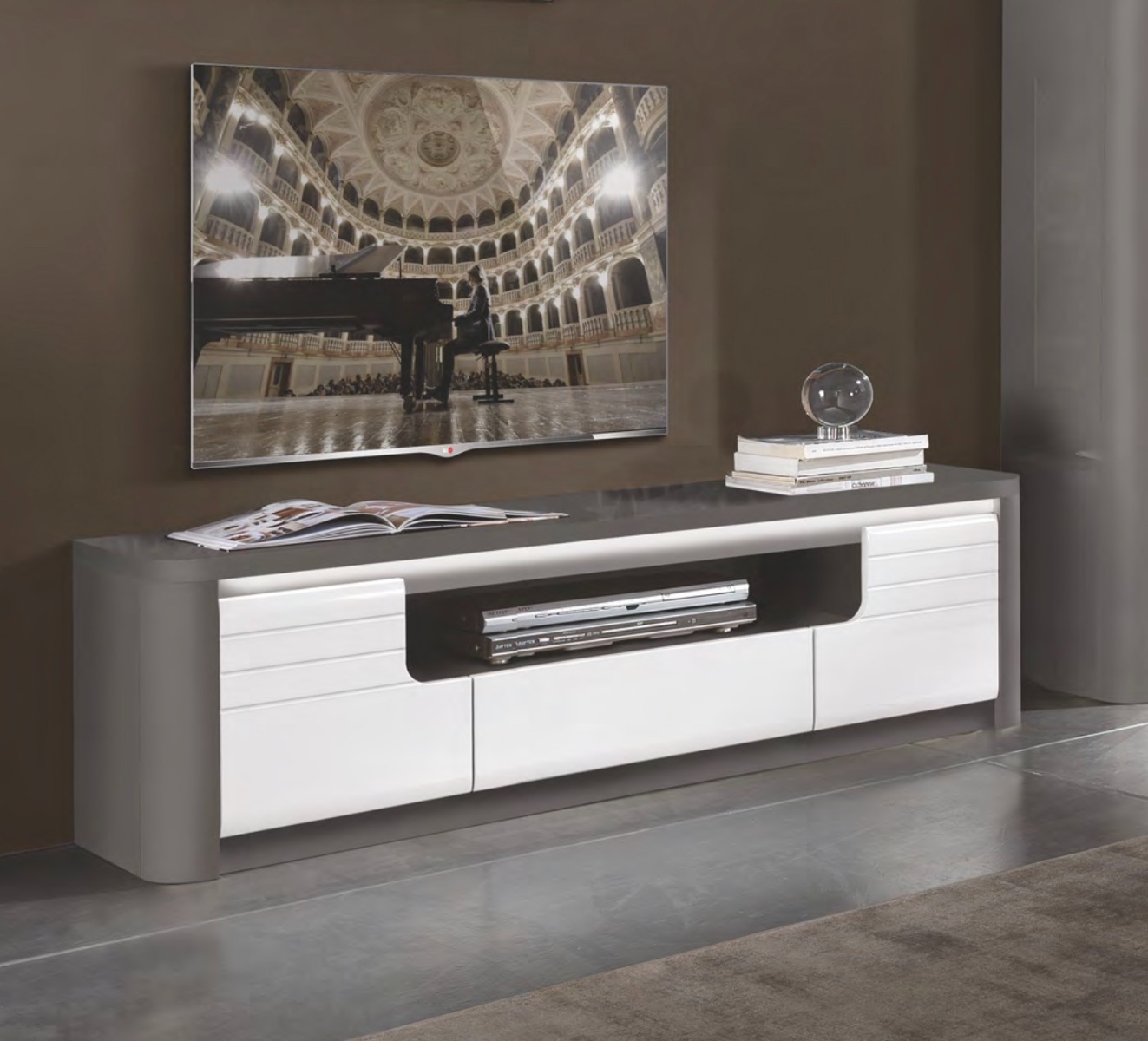 Porta TV bianco laccato e grigio, Made in Italy