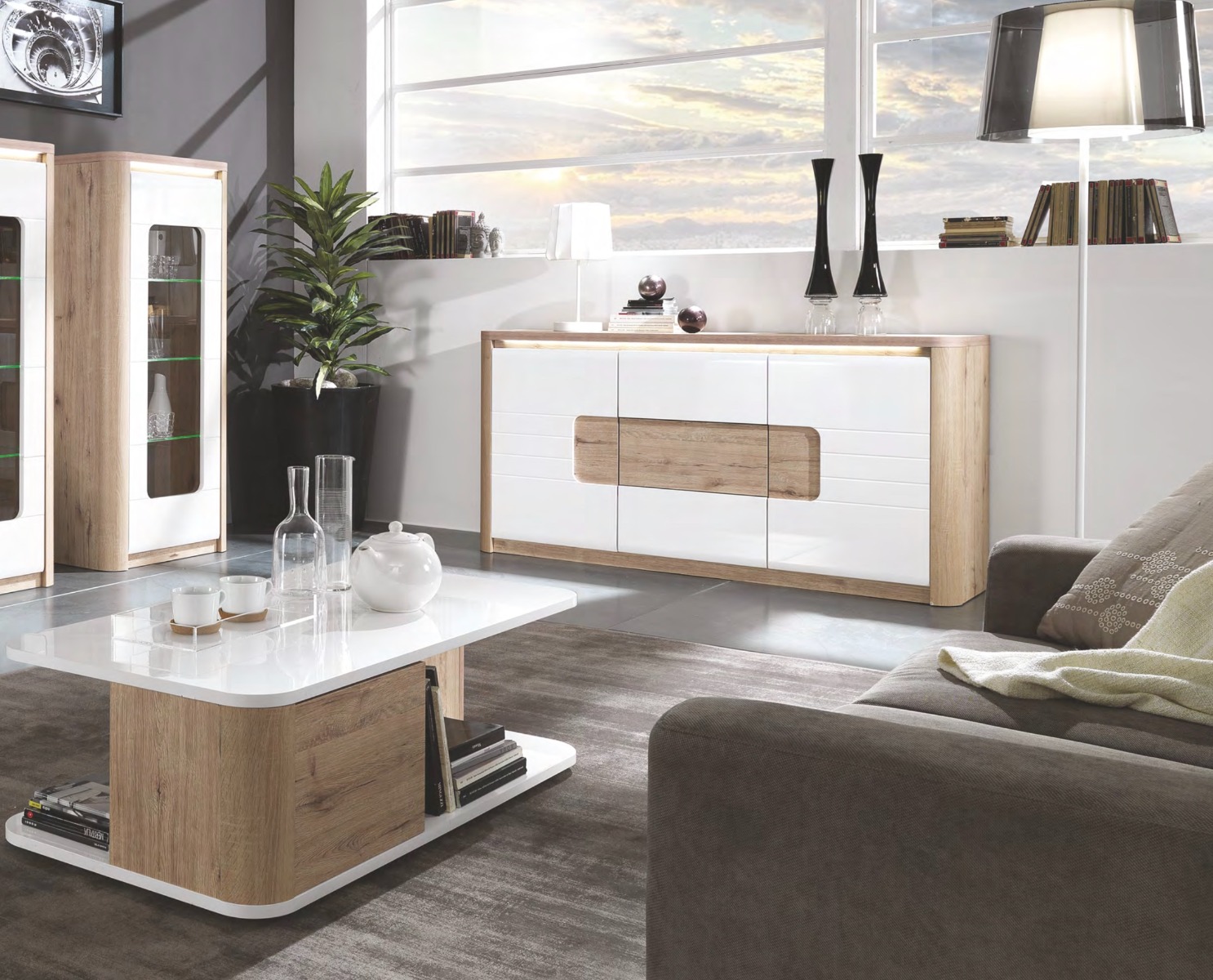 Tavolino da salotto con 2 ante, bianco lucido e rovere wellington