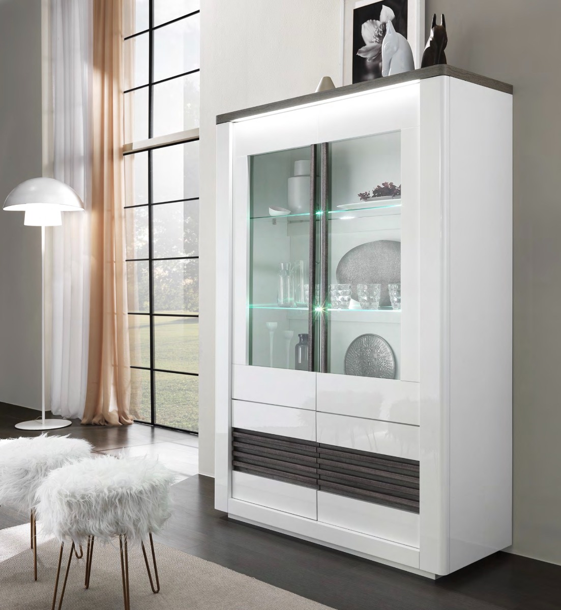 Vetrina 4 ante, bianco lucido e rovere adamello, made in Italy