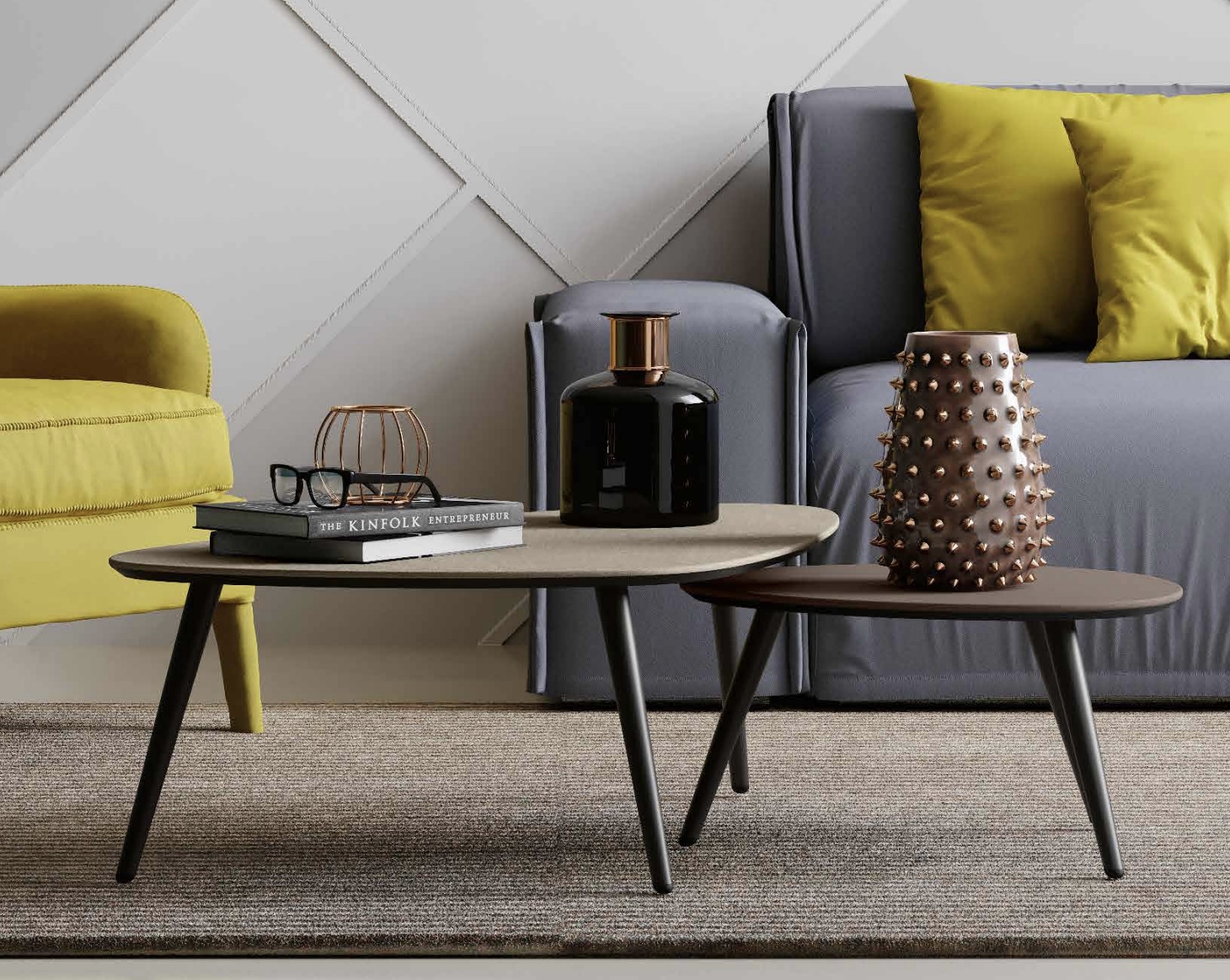 Coppia di tavolini moderni argilla e bronzo, made in Italy