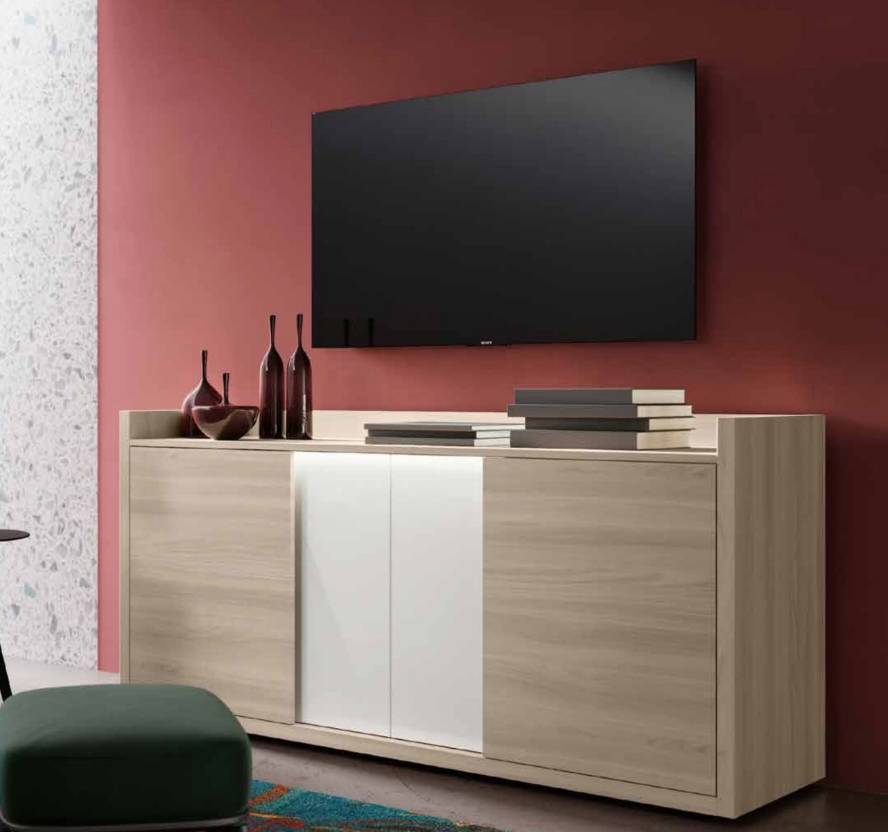 Porta tv, Madia, 4 ante, olmo natura e bianco lucido