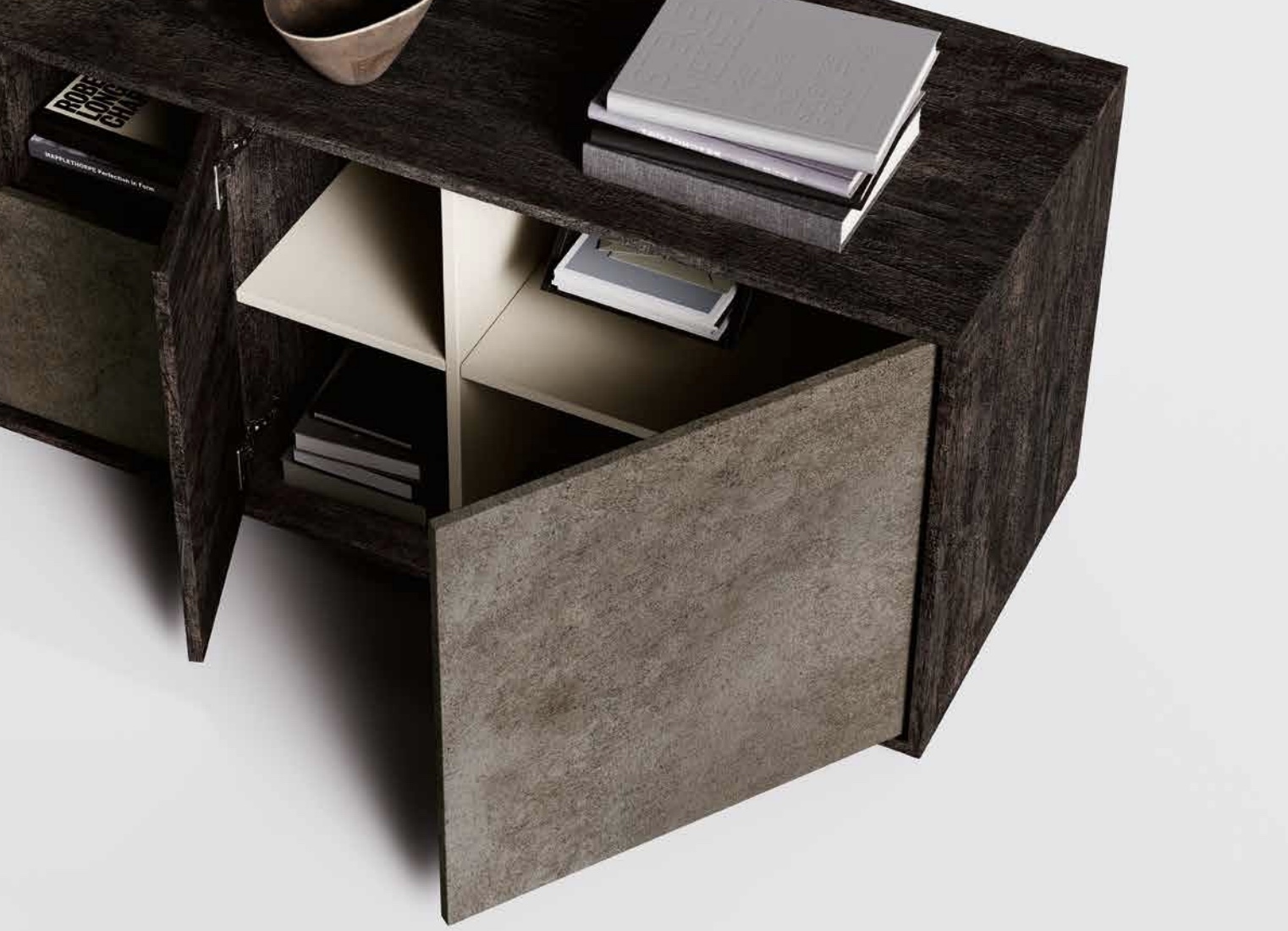 Madia moderna a 3 ante 1 cassetto, finitura Legno bruciato e Ardesia chiaro