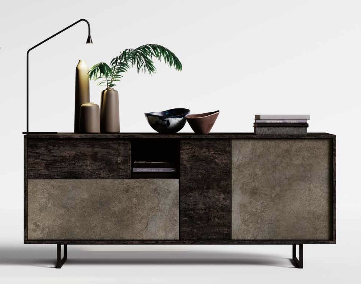 Madia moderna a 3 ante 1 cassetto, finitura Legno bruciato e Ardesia chiaro