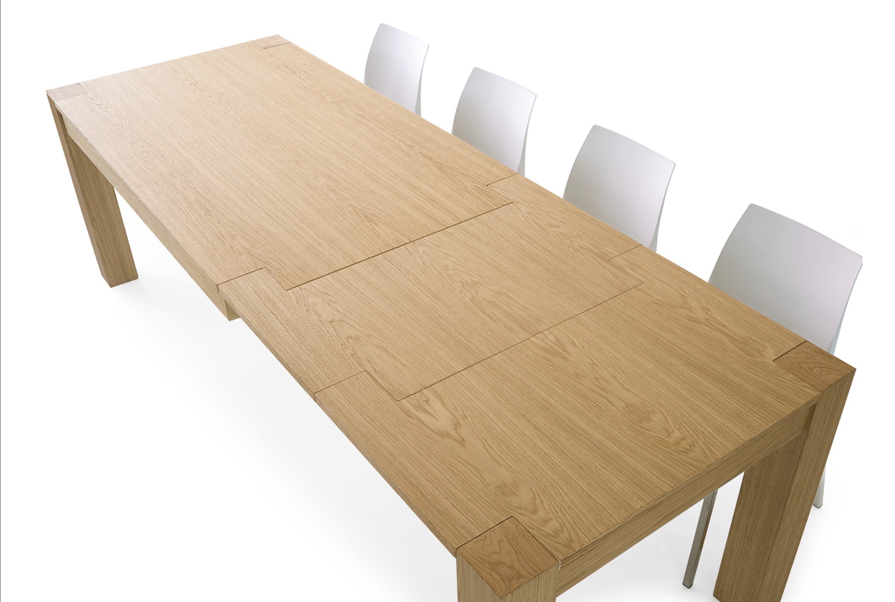 Tavolo di design allungabile in legno, rovere naturale spazzolato, apertura con binario