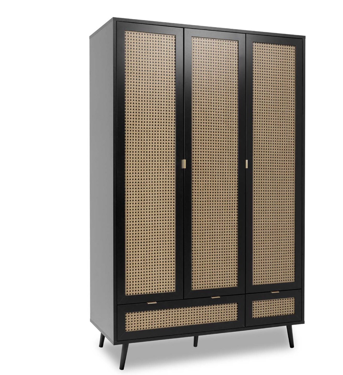 Armadio nero a 3 ante battenti e 2 cassetti, dettagli finitura Oro