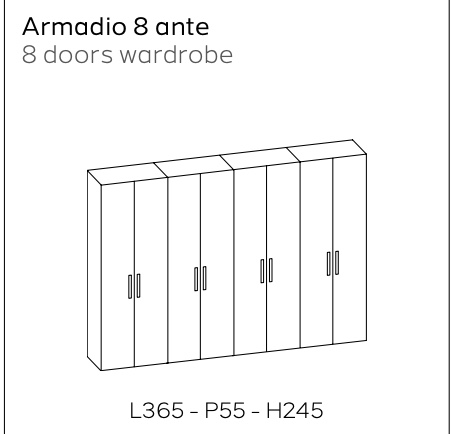 Armadio moderno 8 ante battenti, finitura bianco lucido