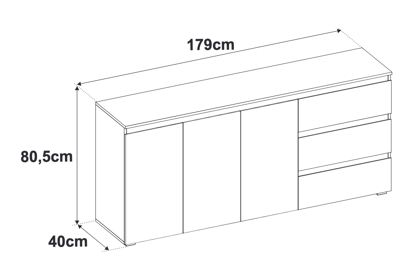 Madia in finitura bianca opaca in stile scandinavo, tre ante e tre cassetti