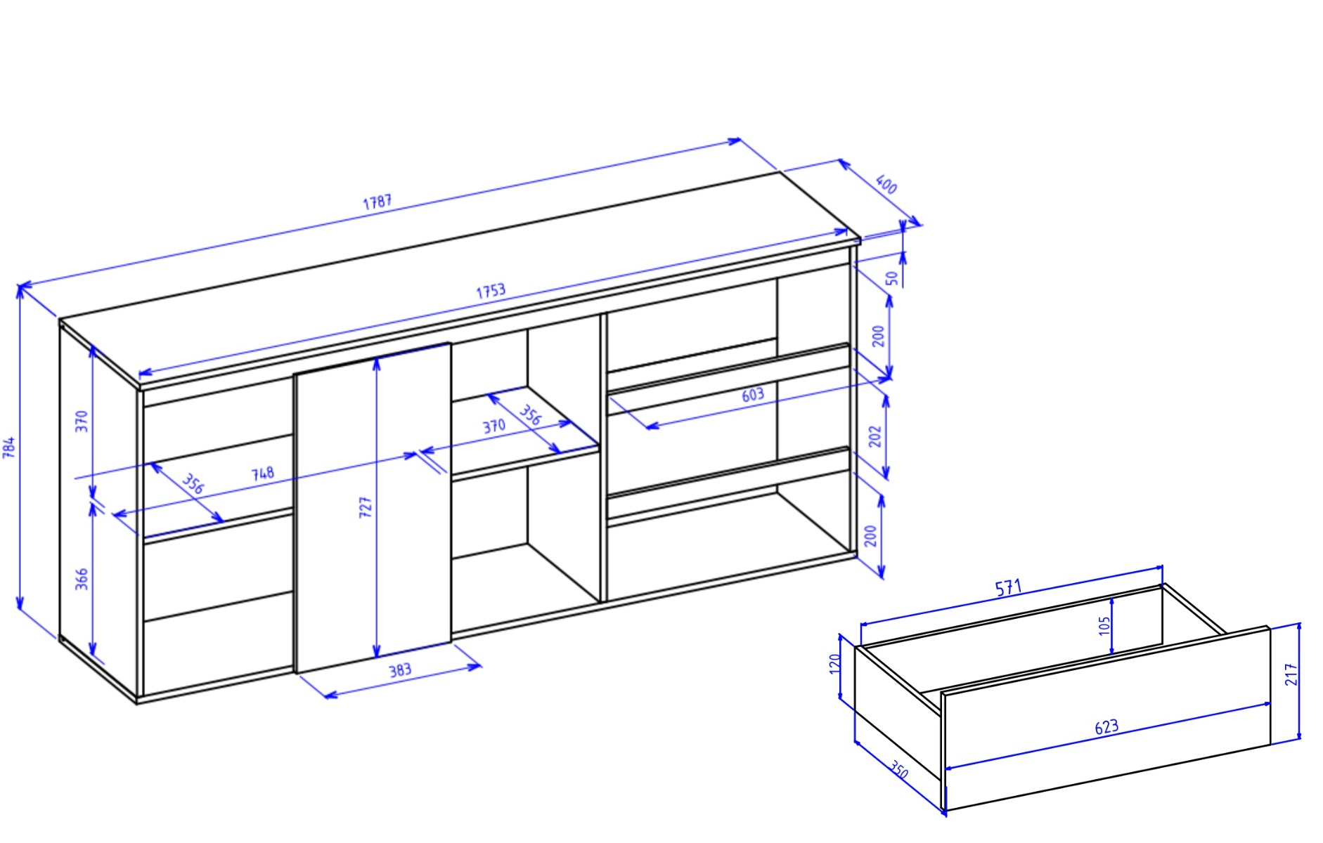 Madia in finitura bianca opaca in stile scandinavo, tre ante e tre cassetti