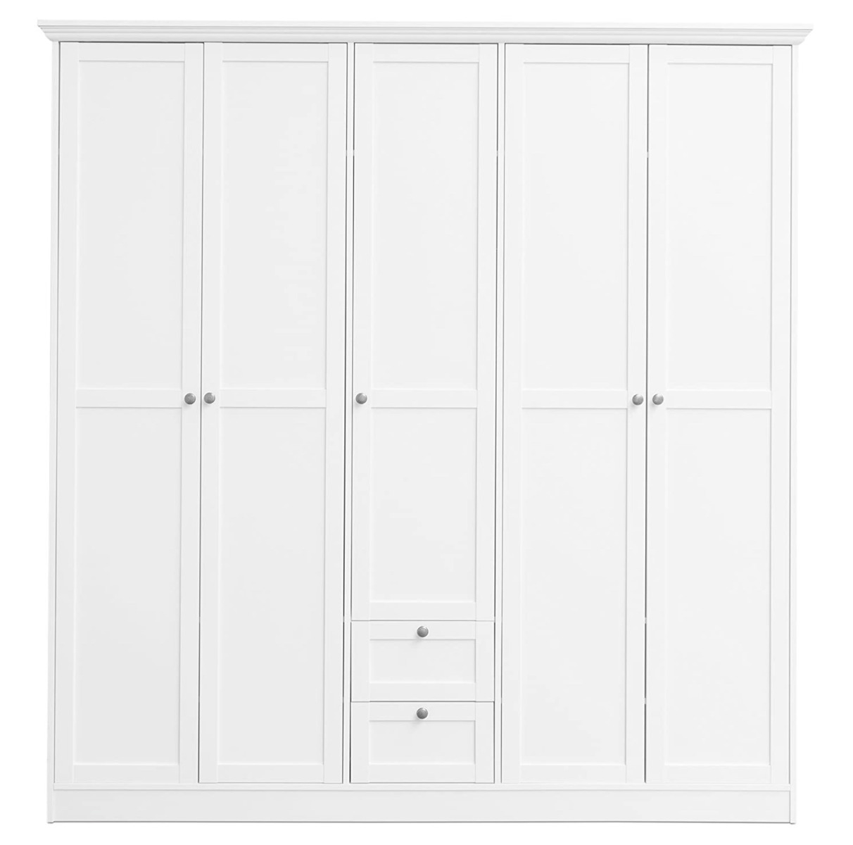 Armadio battente di design con 5 ante e 2 cassetti, finitura bianca Zenzero Shop