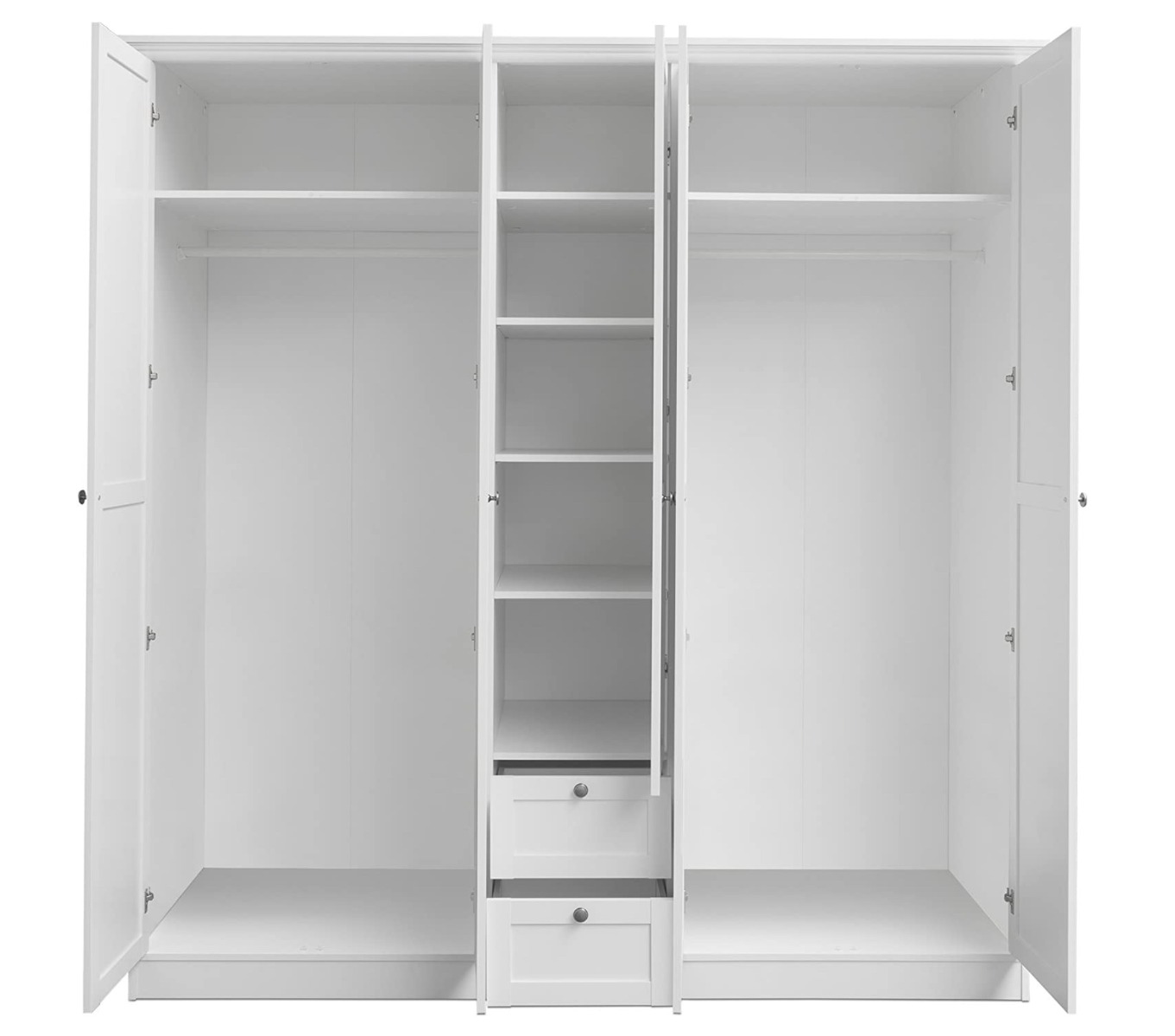 Armadio battente di design con 5 ante e 2 cassetti, finitura bianca Zenzero Shop