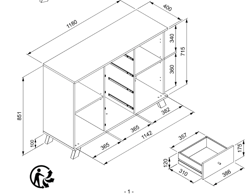 Credenza 2 ante e 4 cassetti, colore Rovere Oak e Antracite 
