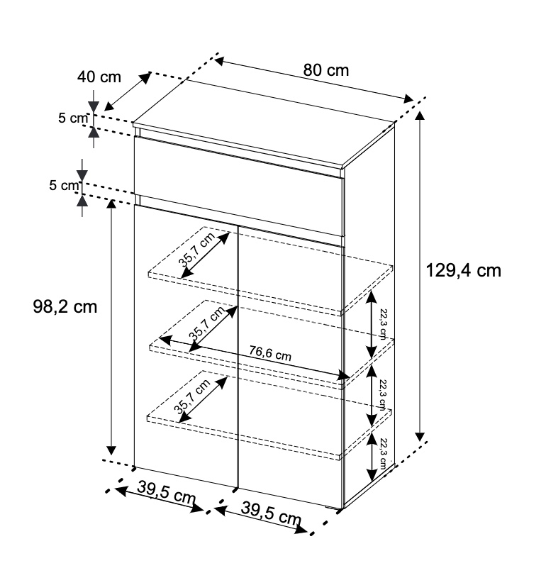 Madia alta dal design semplice con 2 ante e 1 cassetto finitura Bianco opaco