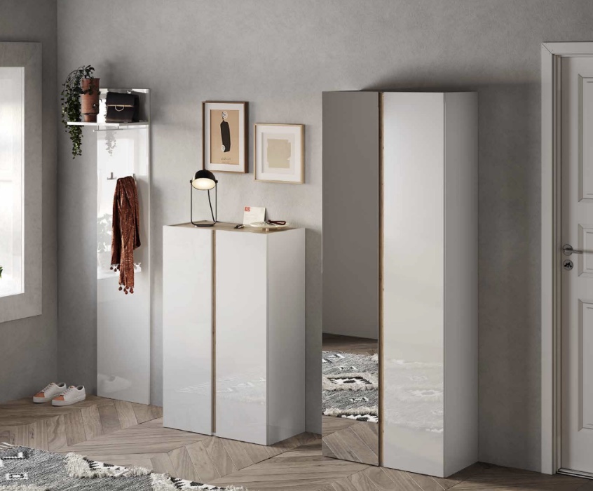 Nuova composizione d'ingresso con scarpiera, madia e appendiabiti colore Bianco lucido e Cadiz