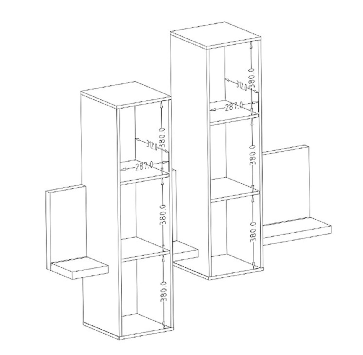 Modulo di design formato da una mensola e 2 pensili verticali