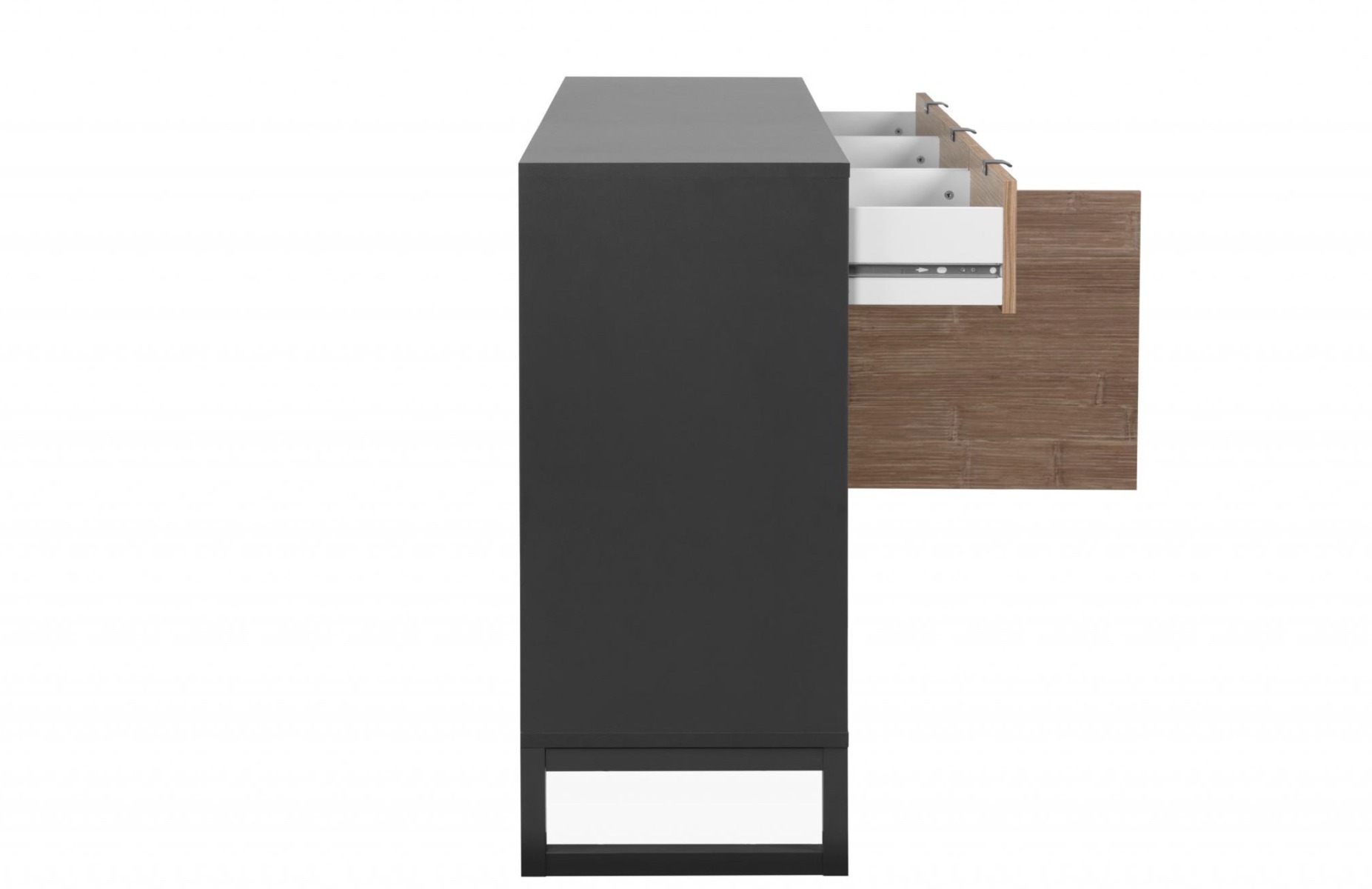 Madia moderna con tre ante e tre cassetti in finitura antracite e bamboo