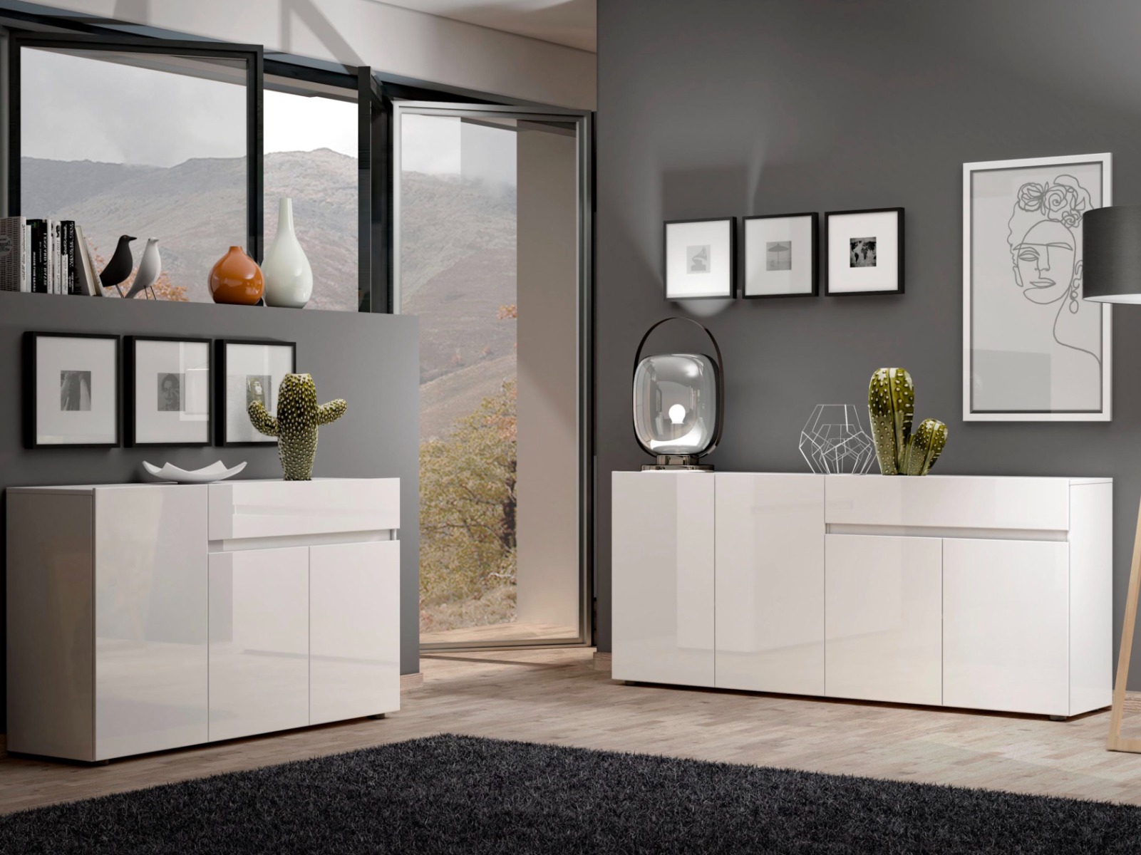 Sala in offerta composta da 2 madie moderne, finitura Bianco lucido