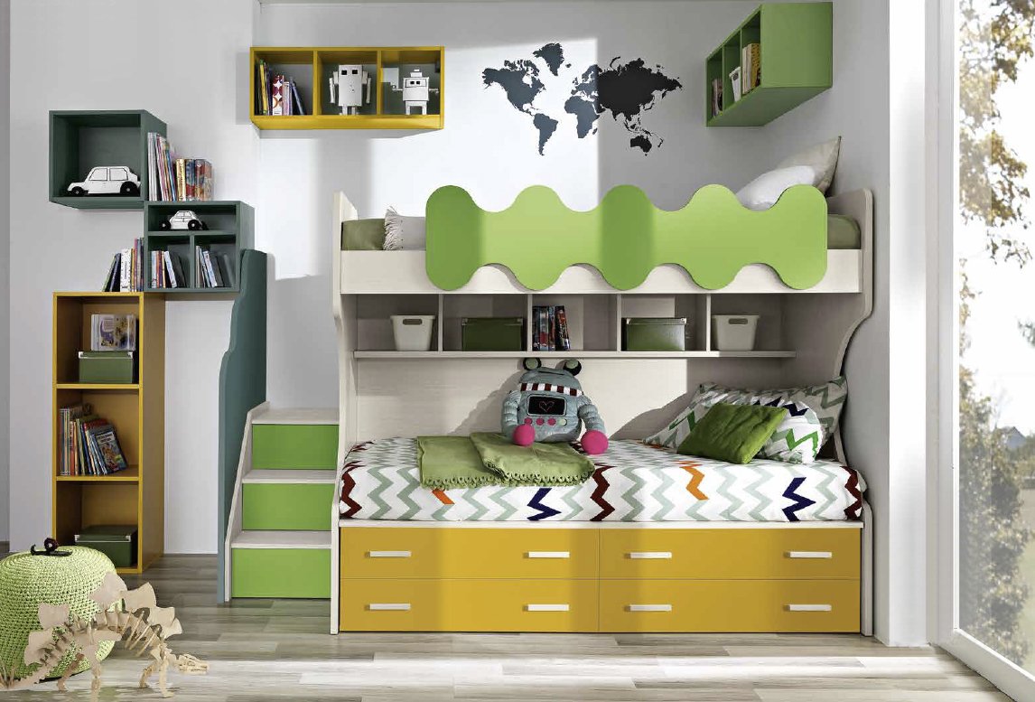 Letto a soppalco offerta: letto Megan in finitura betulla, giallo, verde prato e petrolio