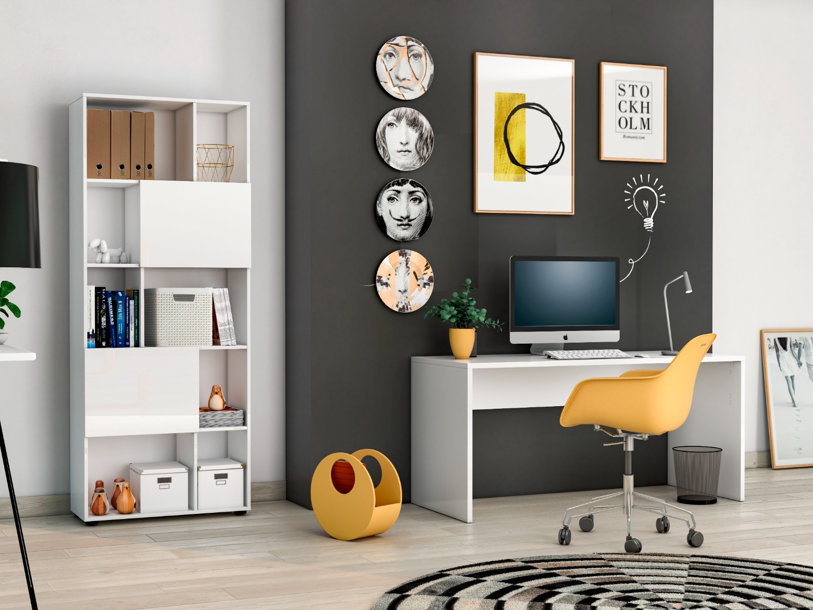 Moderna Scrivania salvaspazio Bianca lucida L.140, Made in Italy